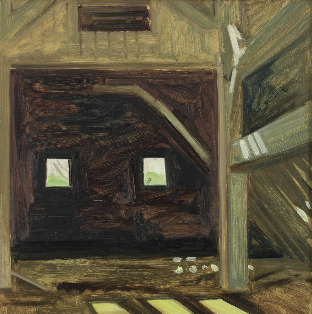 Barn Interior, 1986, oil on Masonite, 12 x 12 inches