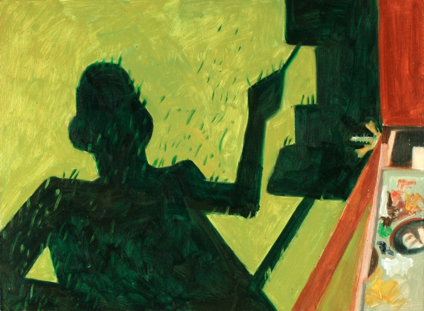Painting of the shadow of a painter at an easel cast onto a patch of bright green grass, with the easel itself partially visible on the right side of the canvas