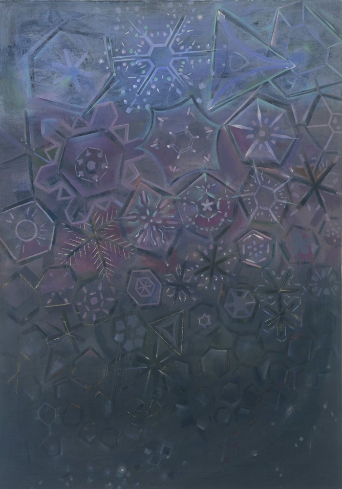 Painting with abstracted ice crystal forms arranged over a blue, purple, and black surface