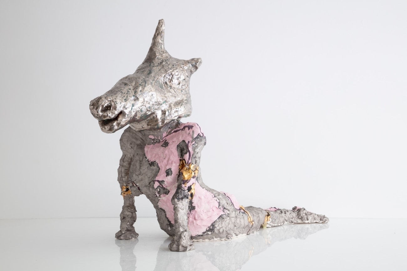 JASMIN ANOSCHKIN
Platinum Yoga Unicorn, 2019
Stoneware with platinum glaze
33&amp;quot; H x 16.5&amp;quot; W x 53&amp;quot; D