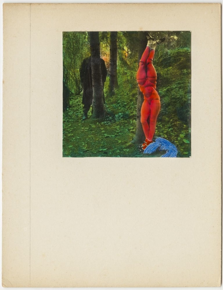A surrealist color photograph shows two inverted pairs of legs wearing red tights stacked on each other in a forest with a man in a dark coat partially obscured behind a tree.