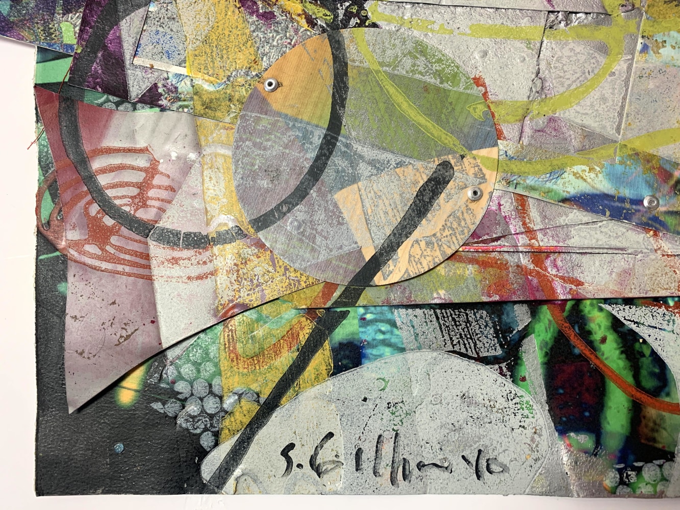 For the Fog (signature detail), 2010

relief, digital, acrylic paint, polymer varnish, rivets, aluminum plate, wood veneer, hand sewing

28 1/2&amp;quot; x 44&amp;quot;