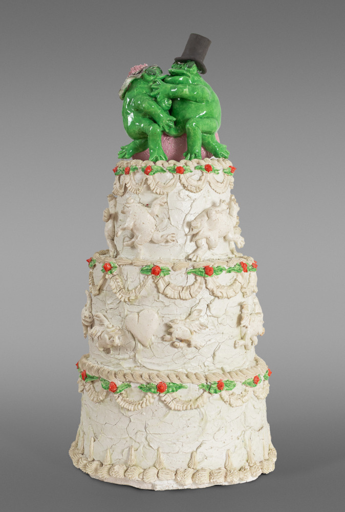 David Gilhooly Erotic Frog Wedding Cake #6, 1979 glazed and painted earthenware 28 1/2 x 14 1/2 in.