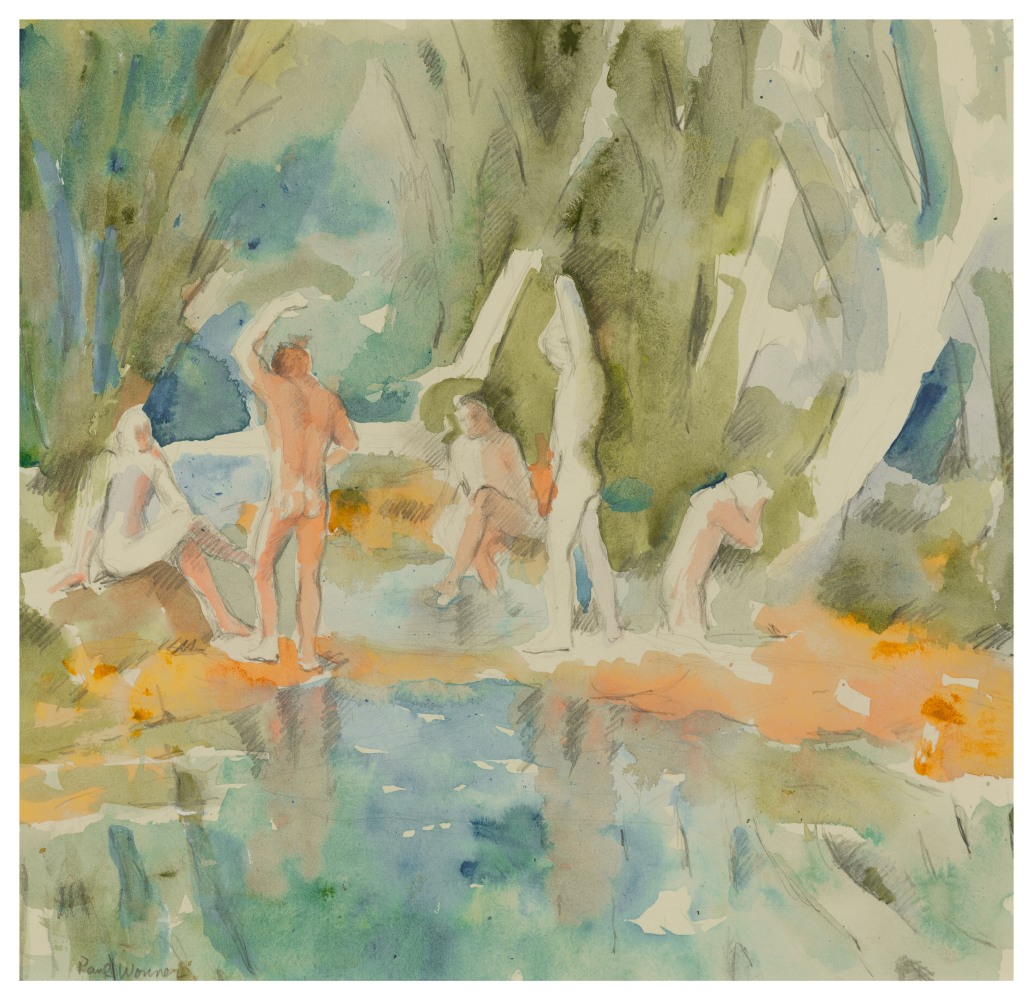 Paul Wonner Bathers After Cezanne III, 2002 acrylic on paper 14 x 14 1/2 in. (image)