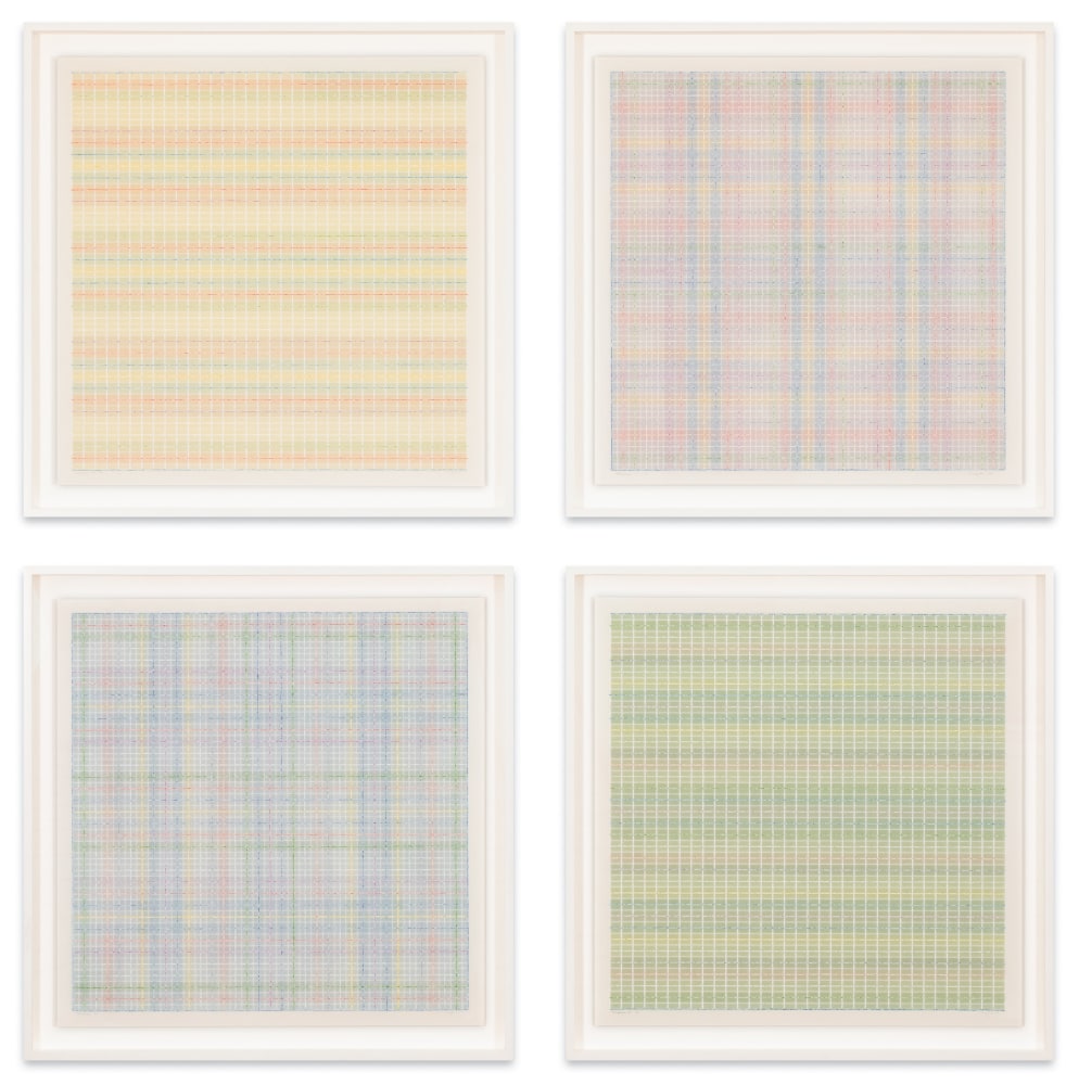 Mary Ijichi Tetraptych, 2024 colored pencil, mylar, plastic, beads, acrylic, artist's tape, and museum board 58 x 57 in. (frame)