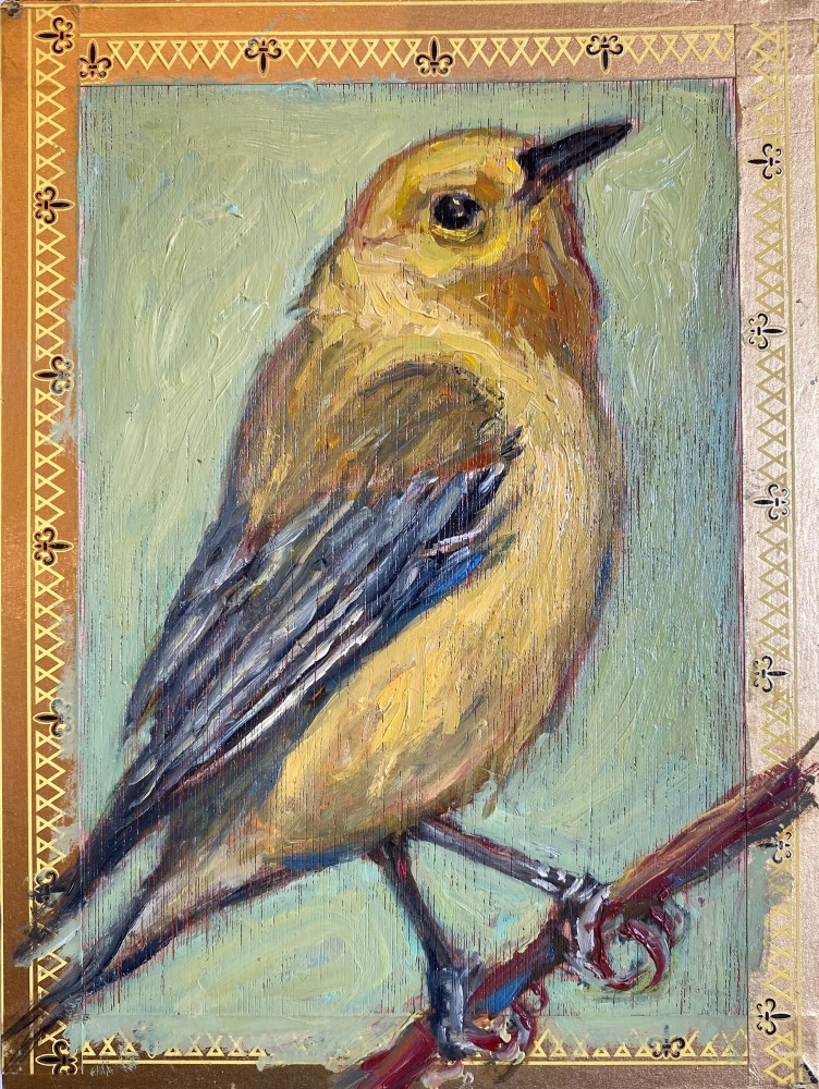 Ed Musante Prothonotary Warbler, 2021 oil on cigar box 8 11/16 x 6 9/16 x 2 3/16 in