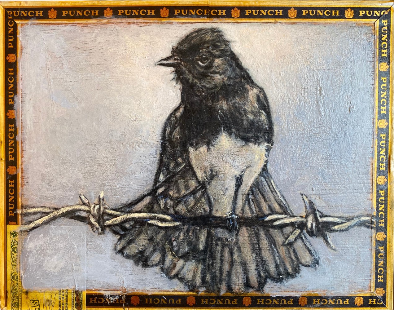 Ed Musante Black Phoebe / Punch, 2014 mixed media on cigar box 7 3/4 x 9 7/8 x 1 7/8 in.