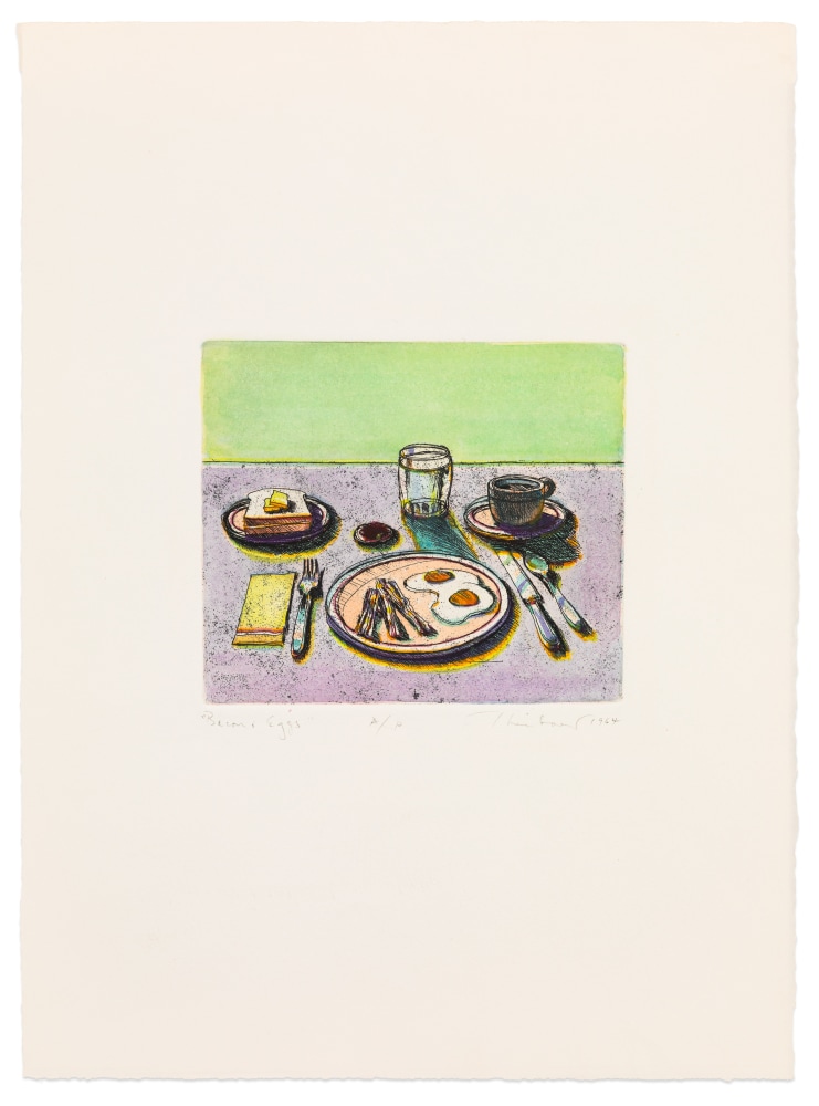 Wayne Thiebaud Bacon &amp; Eggs, 1964 watercolor over etching, A.P. 5 x 6 in. (image)