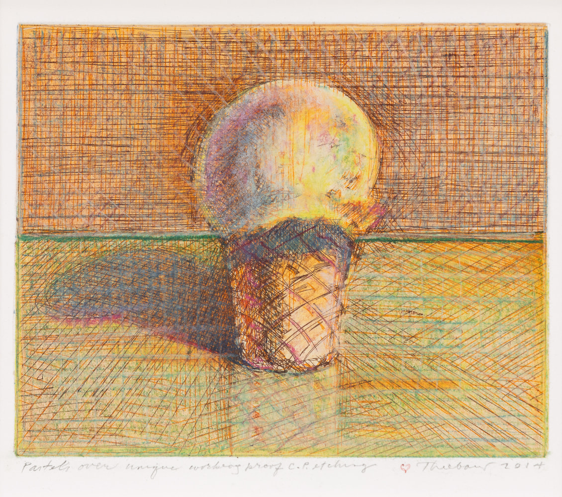 Wayne Thiebaud Cone, 2014 pastel &amp; ink over hard ground etching, unique C.T.P. 6 1/2 x 8 in. [image]; 13 x 13 in. [sheet]