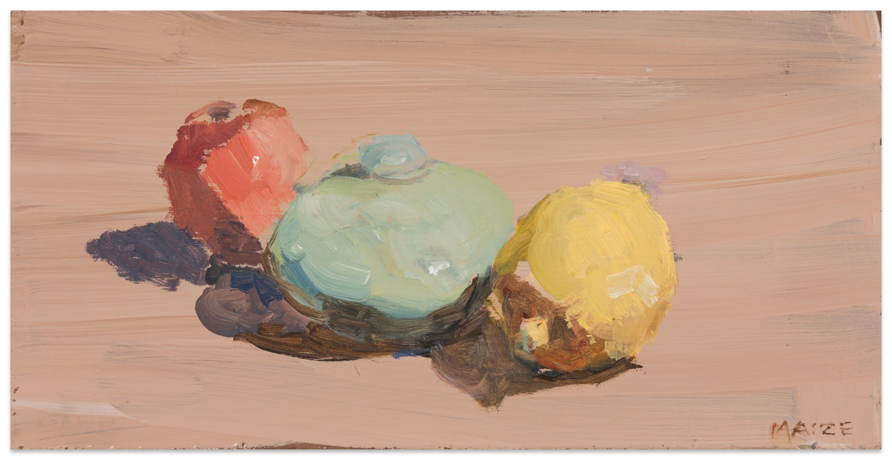 Catherine Maize &quot;Lemon, Apple, and Celadon Pot,&quot; 2025 oil on panel 4 x 8 in.