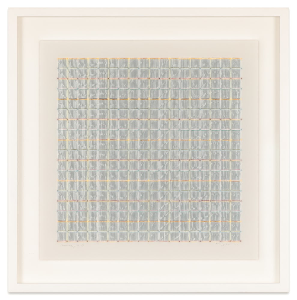 Mary Ijichi Assemblage #15, 2022 colored pencil, mylar, plastic, beads, acrylic, artist's tape, museum board 12 x 12 in. (image); 15 1/2 x 15 3/8 in. (frame)