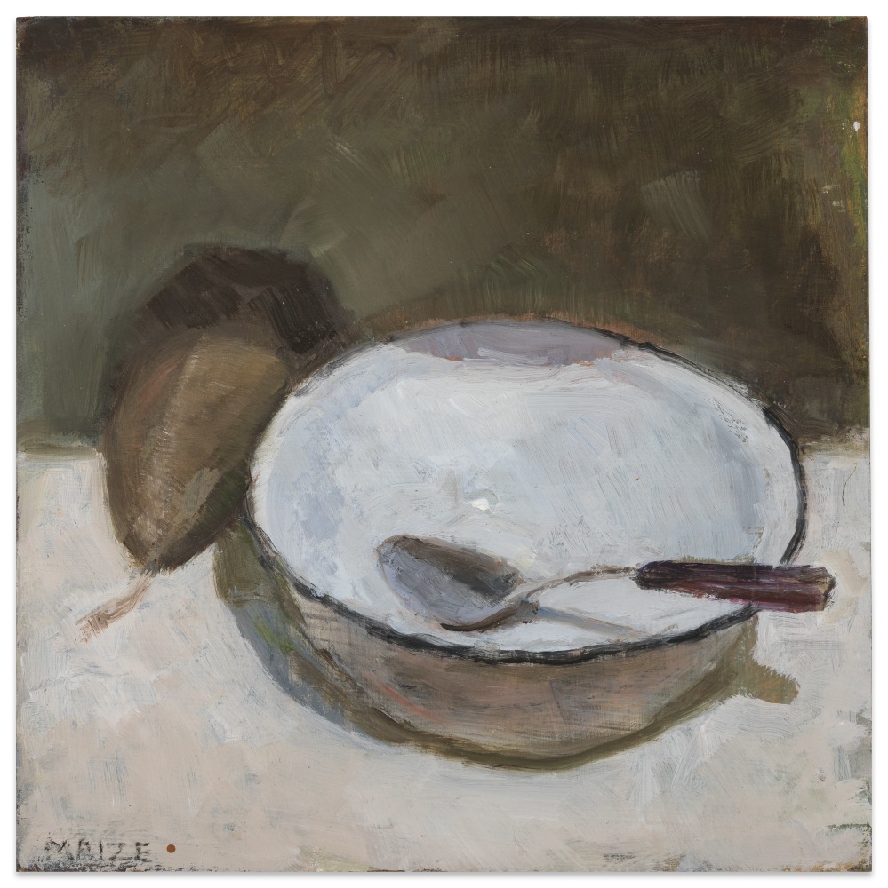 Catherine Maize Bowl, Spoon and Pear, 2023 oil on panel 6 x 6 in.