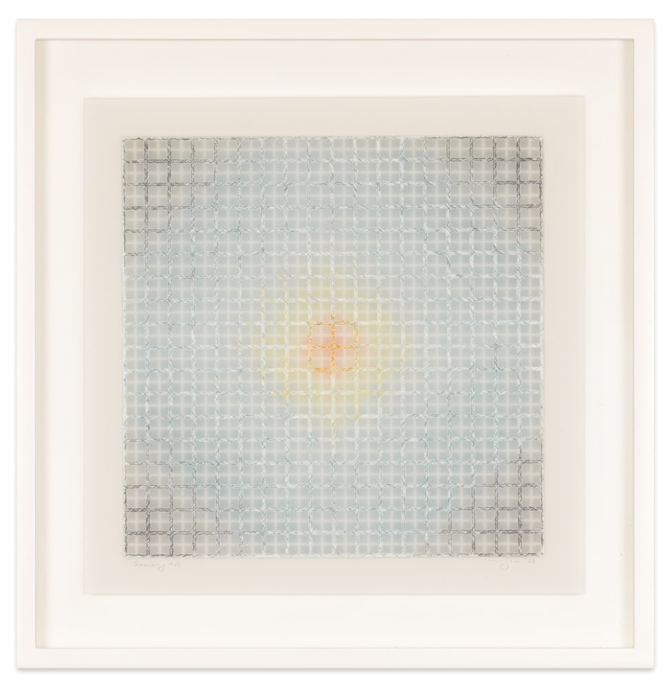 Mary Ijichi Assemblage #23, 2023 colored pencil, mylar, plastic, beads, acrylic, artist's tape, museum board 15 1/2 x 15 3/8 in. (frame)