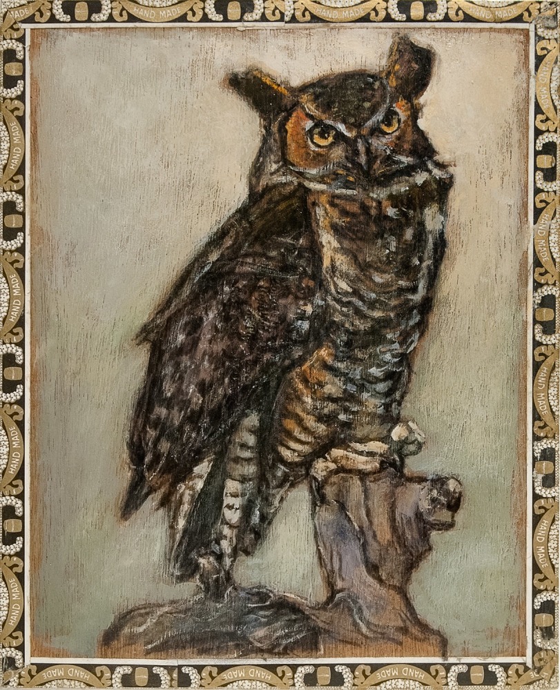 Ed Musante Horned Owl / A. Fuente, 2012 mixed media on cigar box 10 3/4 x 8 11/16 x 1 5/8 in.
