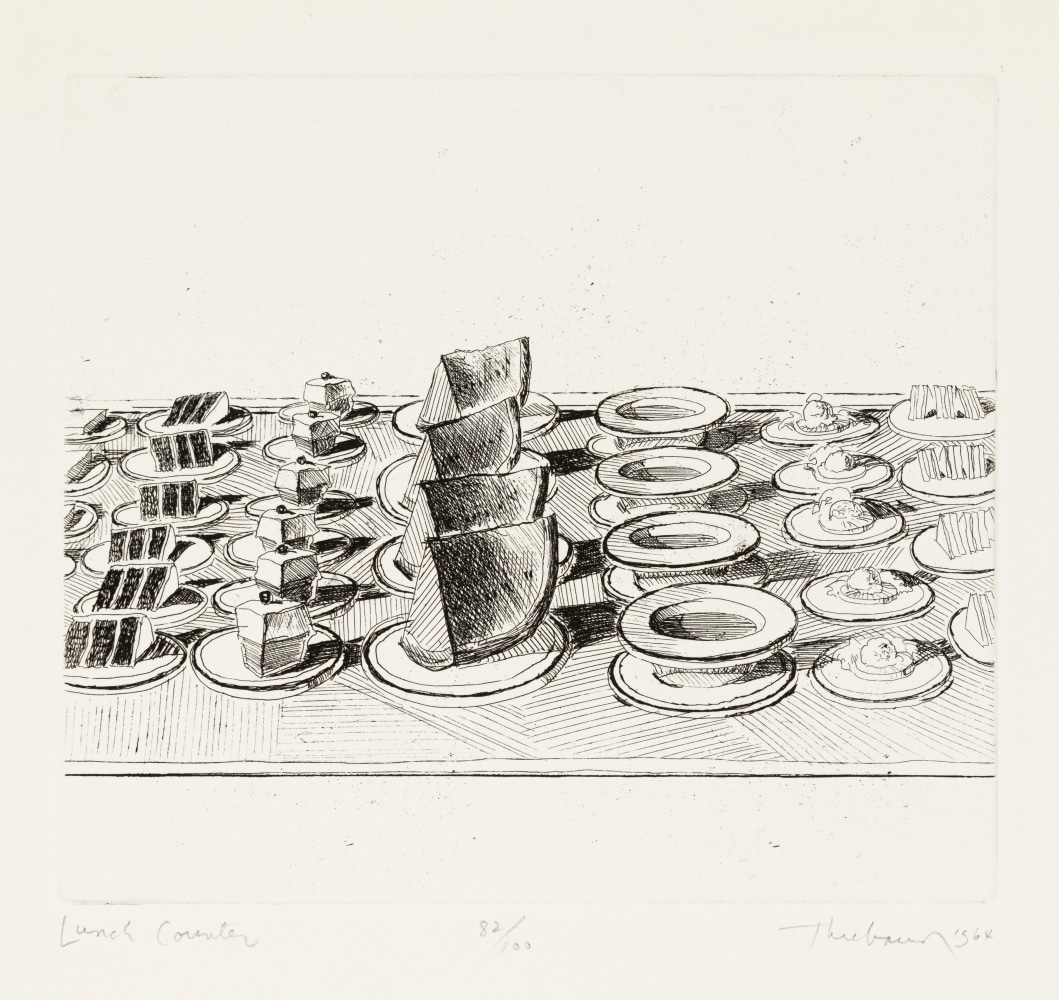 Wayne Thiebaud Lunch Counter, from the series, Delights,1964 etching, ed. 82/100 6 7/8 x 7 7/8 in. (image); 12 7/8 x 10 7/8 in. (sheet)