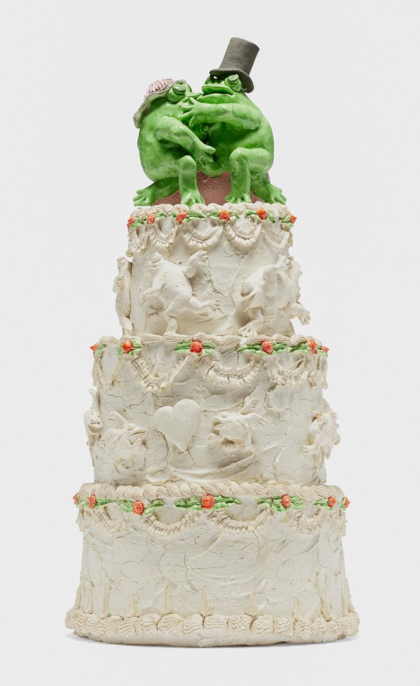 David Gilhooly Erotic Frog Wedding Cake #6, 1979 glazed and painted earthenware 28 1/2 x 14 1/2 in.