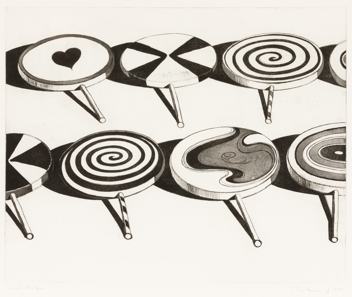 Wayne Thiebaud
Black &amp;amp; White Suckers, 1971
aquatint and soft ground etching, T.P.
17 1/2 x 21 3/4 in. (image); 22 x 26 1/2 in. (sheet)