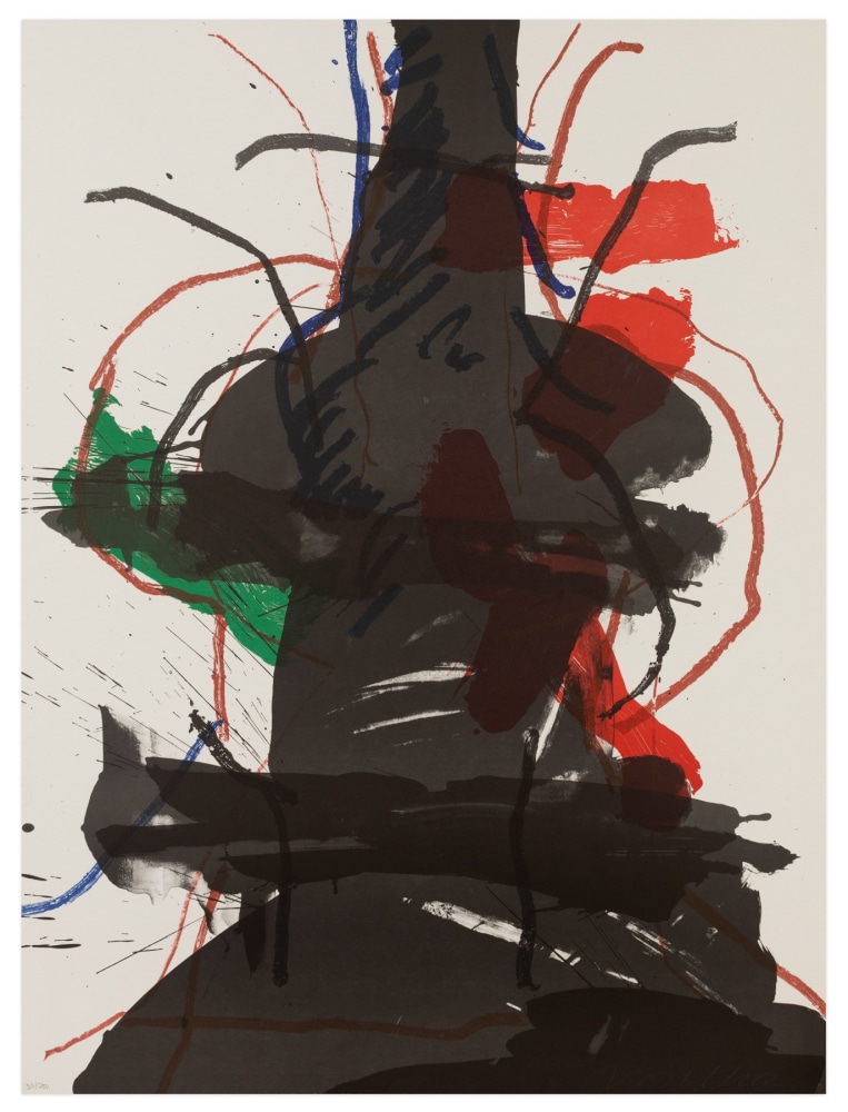 A color lithograph by Peter Voulkos, titled &quot;Abstract V: Flyface&quot; from 1979, depicting an abstracted stacked from.