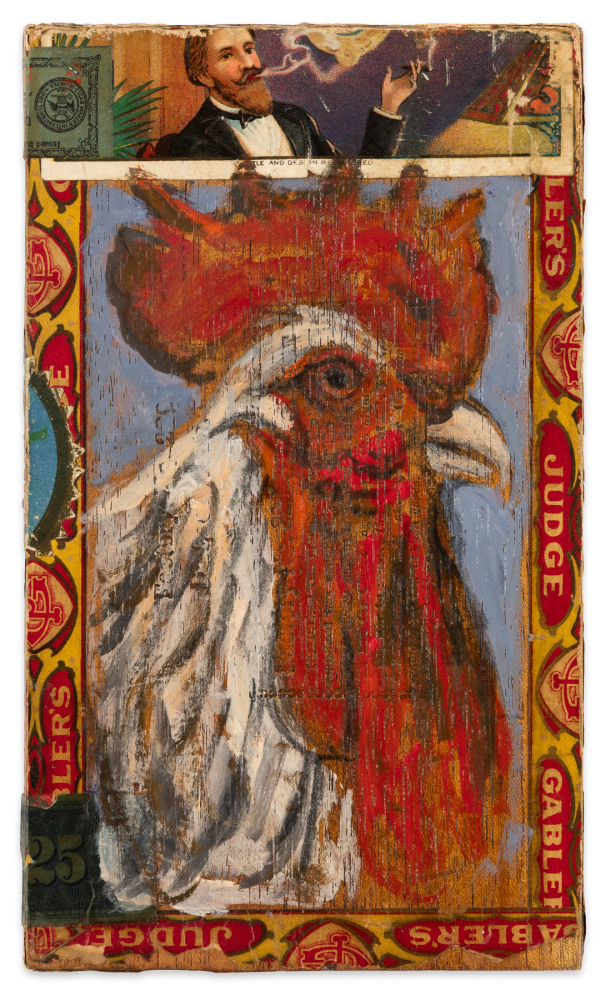 Ed Musante Rooster / Gabler's Judge, n.d. mixed media on cigar box 8 3/8 x 4 15/16 x 1 3/8 inches