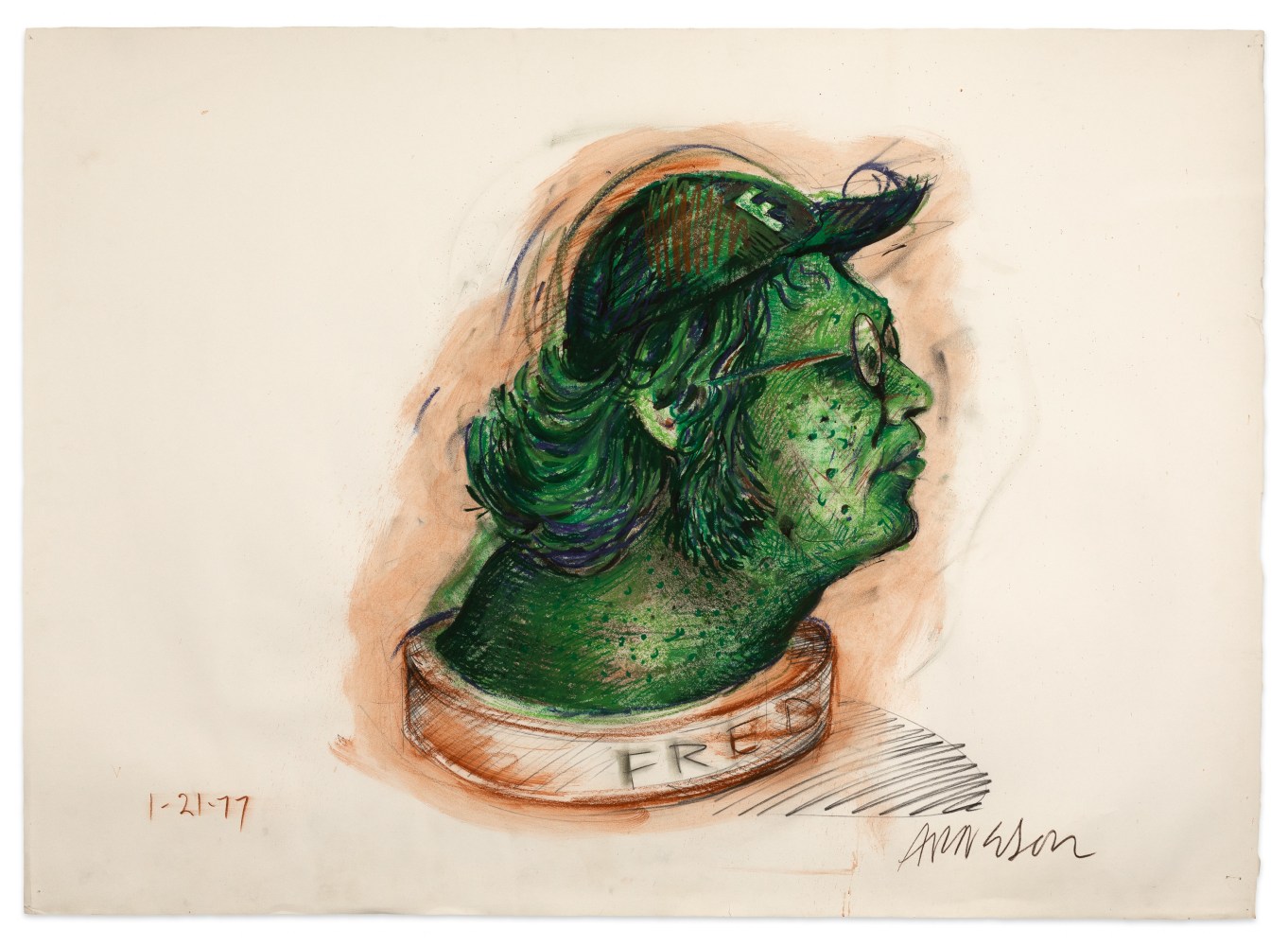 Robert Arneson Fred Frog (Study for David), 1977 conte, pastel, and charcoal on paper 30 x 41 1/2 in.