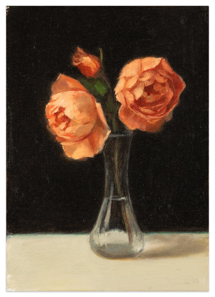 April Glory Funcke Three Emma Hamilton Roses, 2023 oil on linen panel 7 x 5 in.