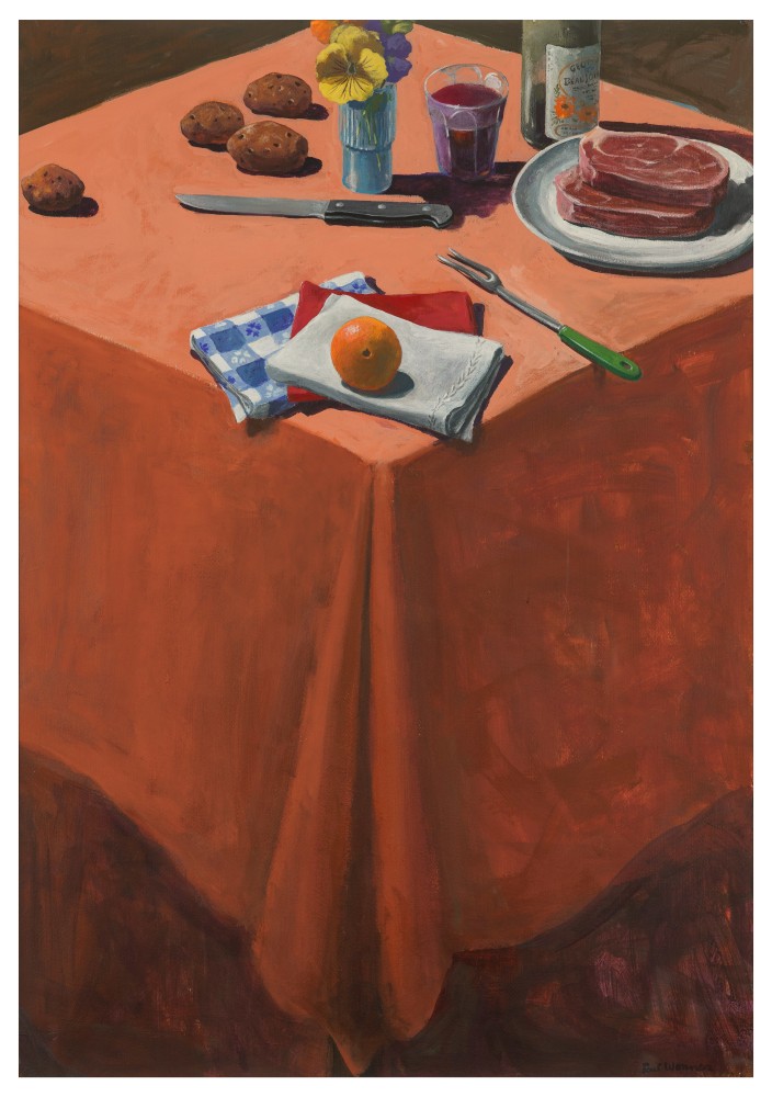 Paul Wonner Untitled (Table with Fruit, Potatoes, Meats and Flowers, 2000 acrylic on paper 38 1/2 x 27 in.