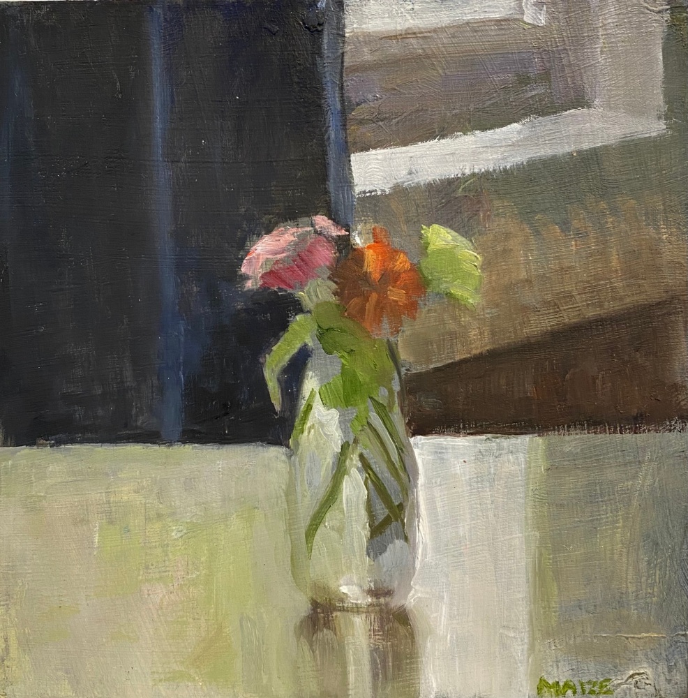 Catherine Maize  Small Bouquet in Glass Carafe, 2022  oil on panel  6 x 6 in.