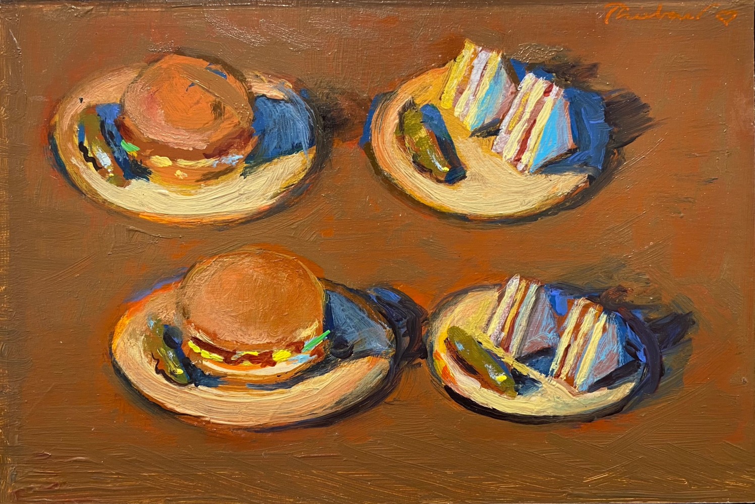 Wayne Thiebaud, Four Sandwiches, 2003, oil on illustration board, 4 3/4 x 7 3/16 in.