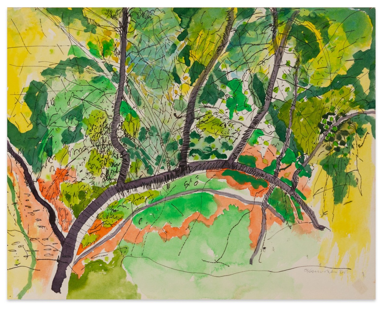Arthur Okamura, Along Dipsea, 1966, watercolor and ink on paper, 10 1/2 x 13 1/4 inches