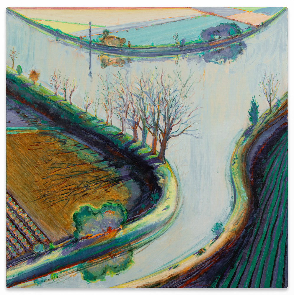Wayne Thiebaud,  River Bend with Trees, 1997,  oil on canvas  30 1/4 x 30 inches.