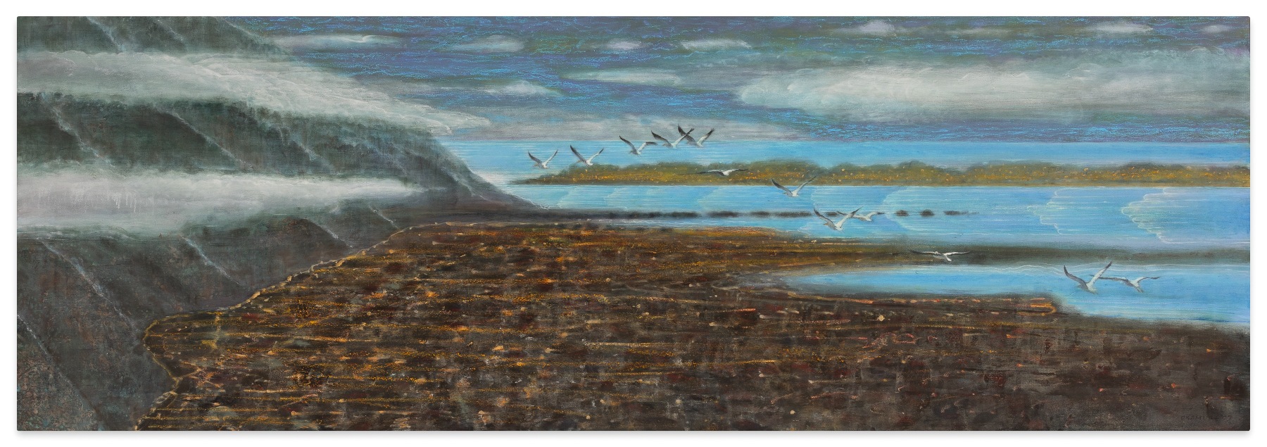 Image of Arthur Okamura's painting Pelicans / Low Tide, created circa 1995. It is made of acrylic and oil on canvas and measures 23 x 68 inches.