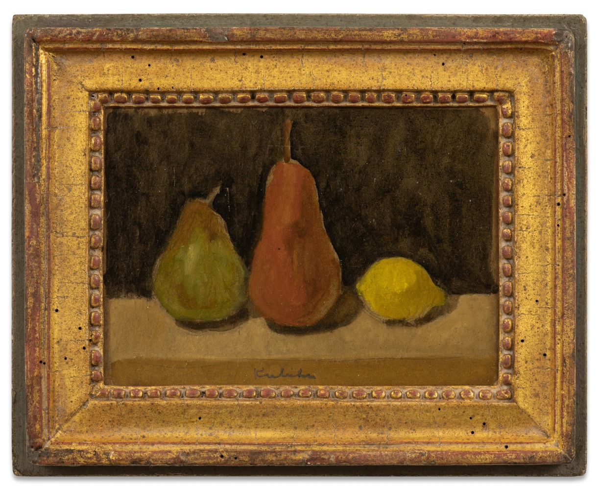 Robert M. Kulicke Two Pears and a Lemon on a Brown Surface against a Black Background, n.d. oil on cardboard 6 1/8 x 8 9/16 in.
