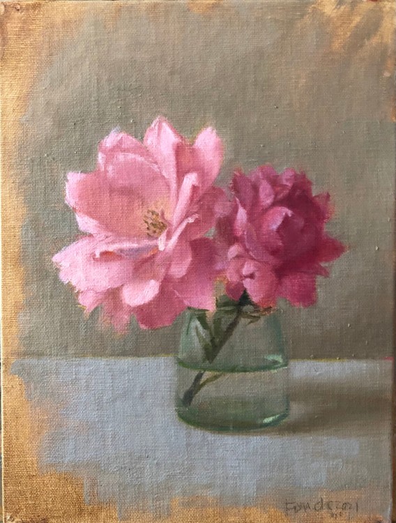 April Glory Funcke Two Pink Roses, 2021 oil on panel 8 x 6 in.