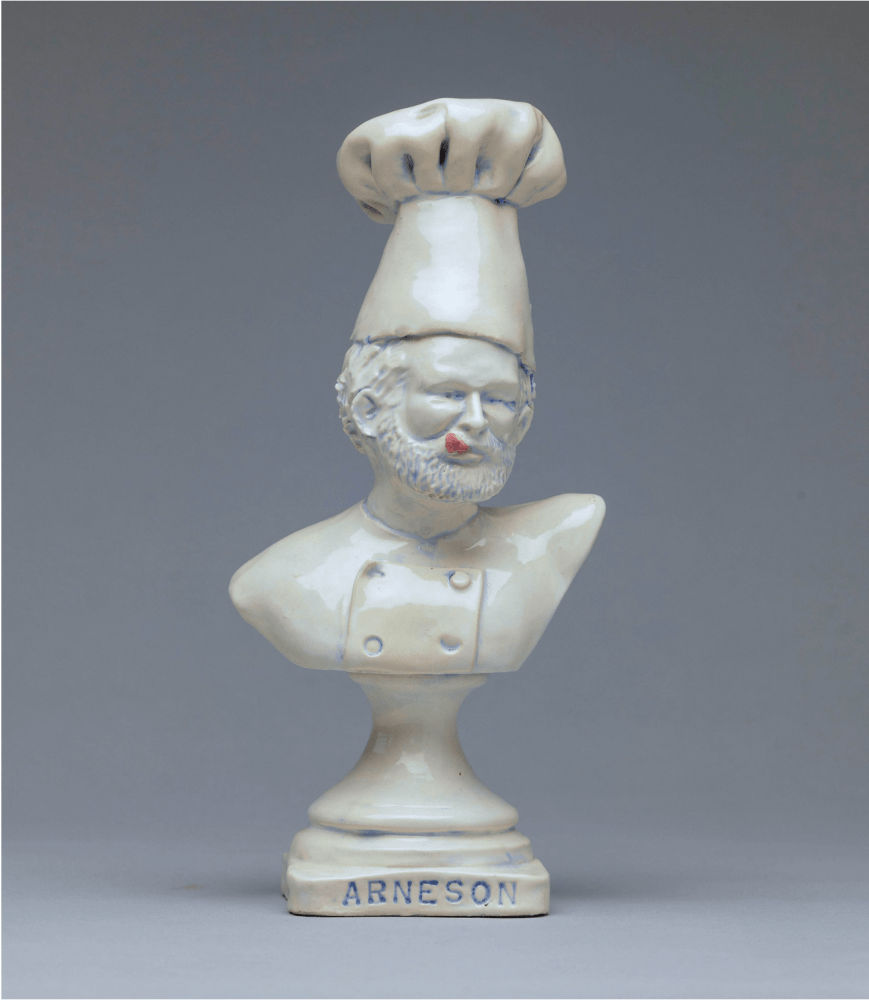 Robert Arneson Souvenir #5 (Smorgi-Bob Trophy), Bob as Chef, c. 1972 glazed ceramic 9 3/4 x 4 1/2 x 3 1/4 in.