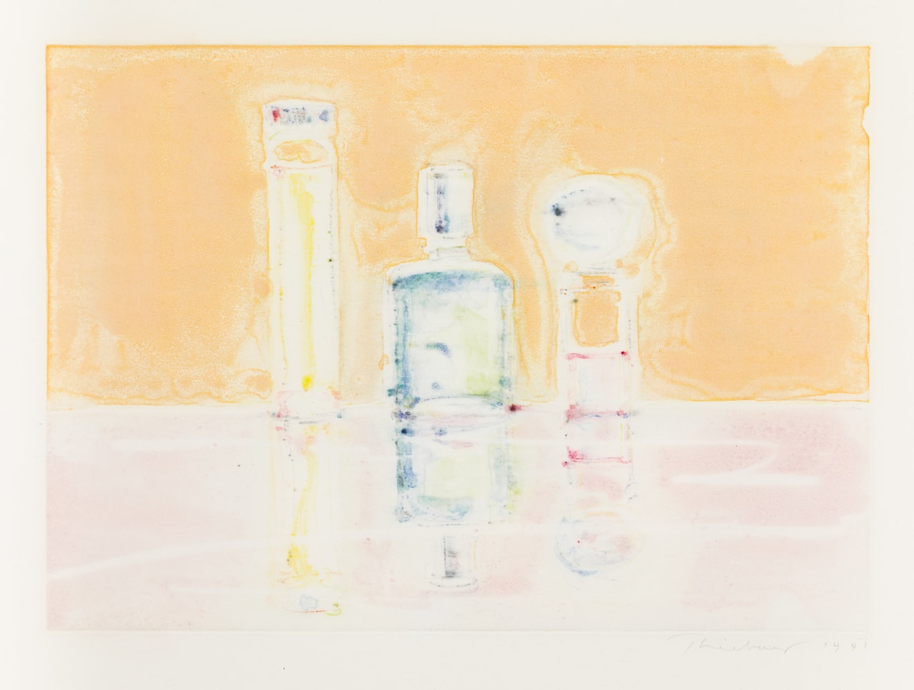 Wayne Thiebaud Three Perfume Bottles, 1991 monotype 10 x 14 in. [image]; 19 1/2 x 22 in. [sheet]