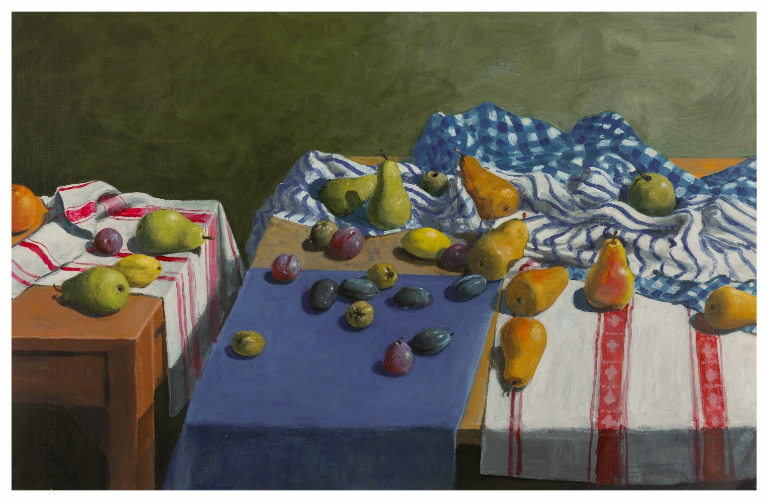 Paul Wonner Fruit and Kitchen Towels (Two Tables), 2001 acrylic on paper 24 7/8 x 38 1/2 in. (image)