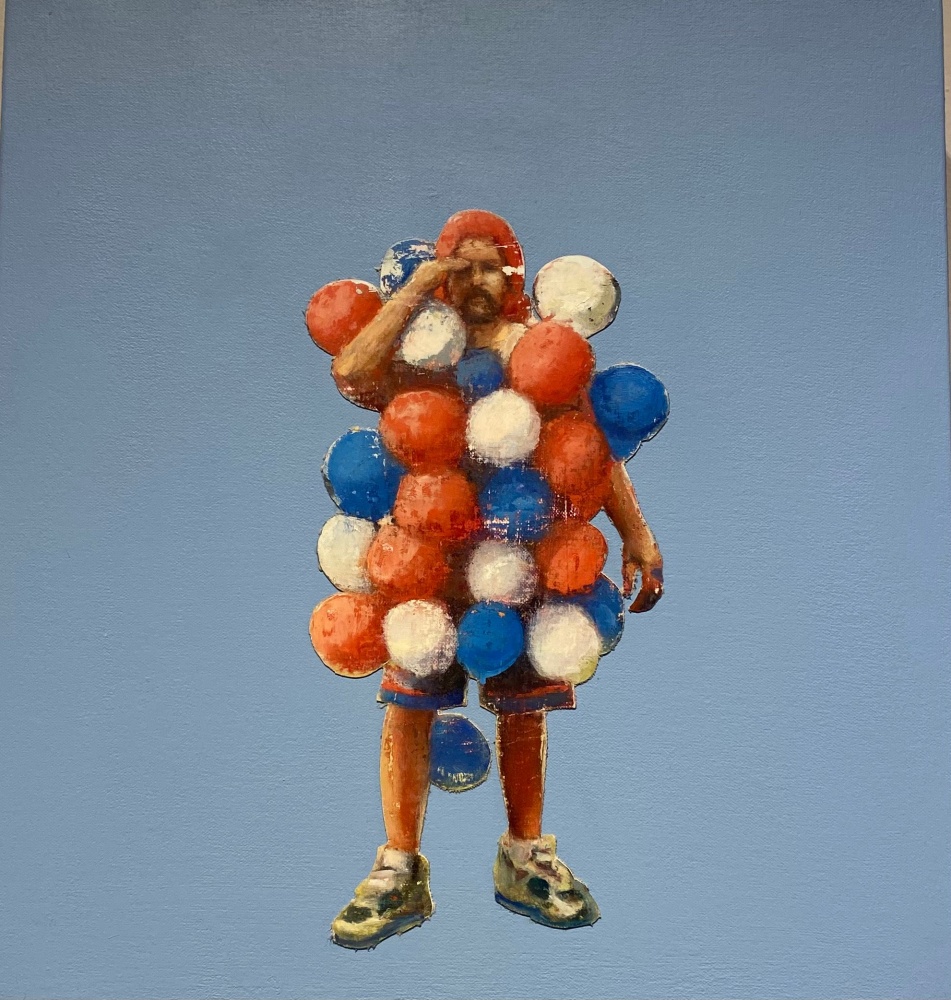 Tom Birkner Man in Balloon Suit; Dreaming Blue, 2022 oil on canvas 15 x 16 in.