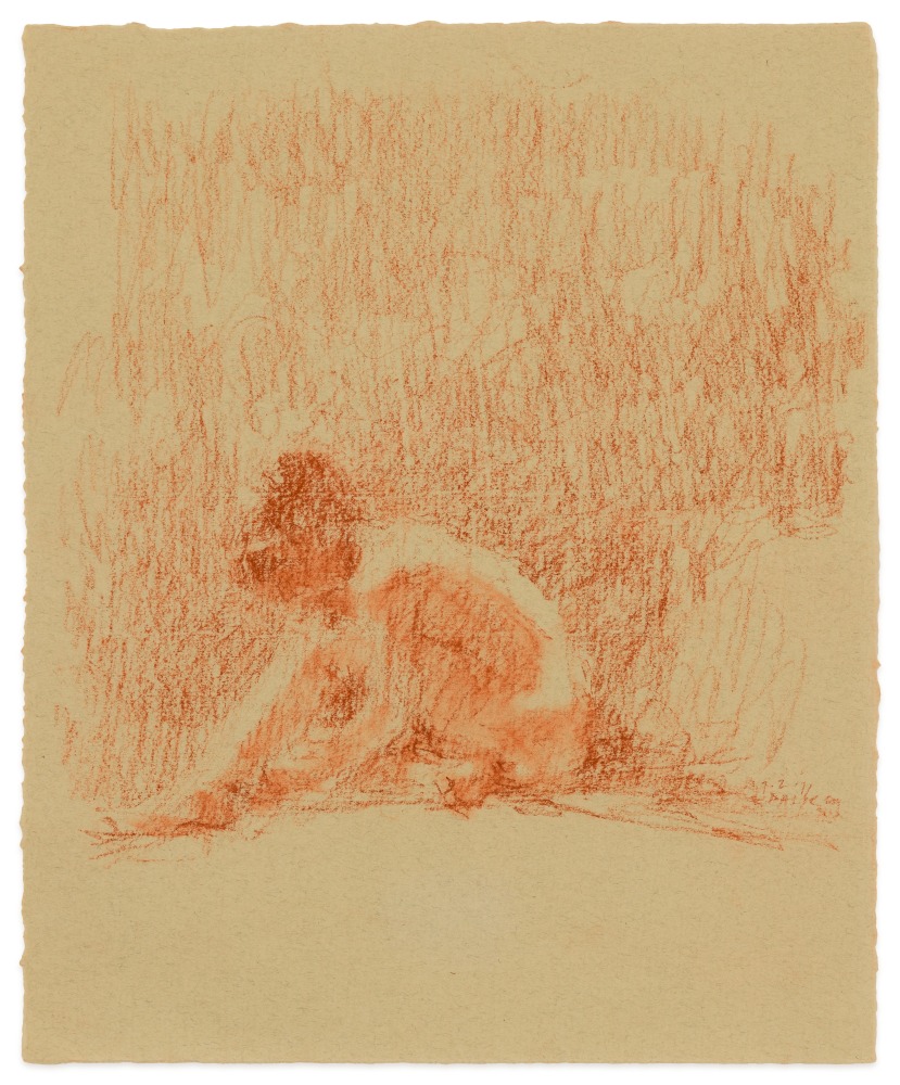 Fred Dalkey Model with Head on Knee, 2011 sanguine Conté crayon on paper 9 x 7 3/8 in.