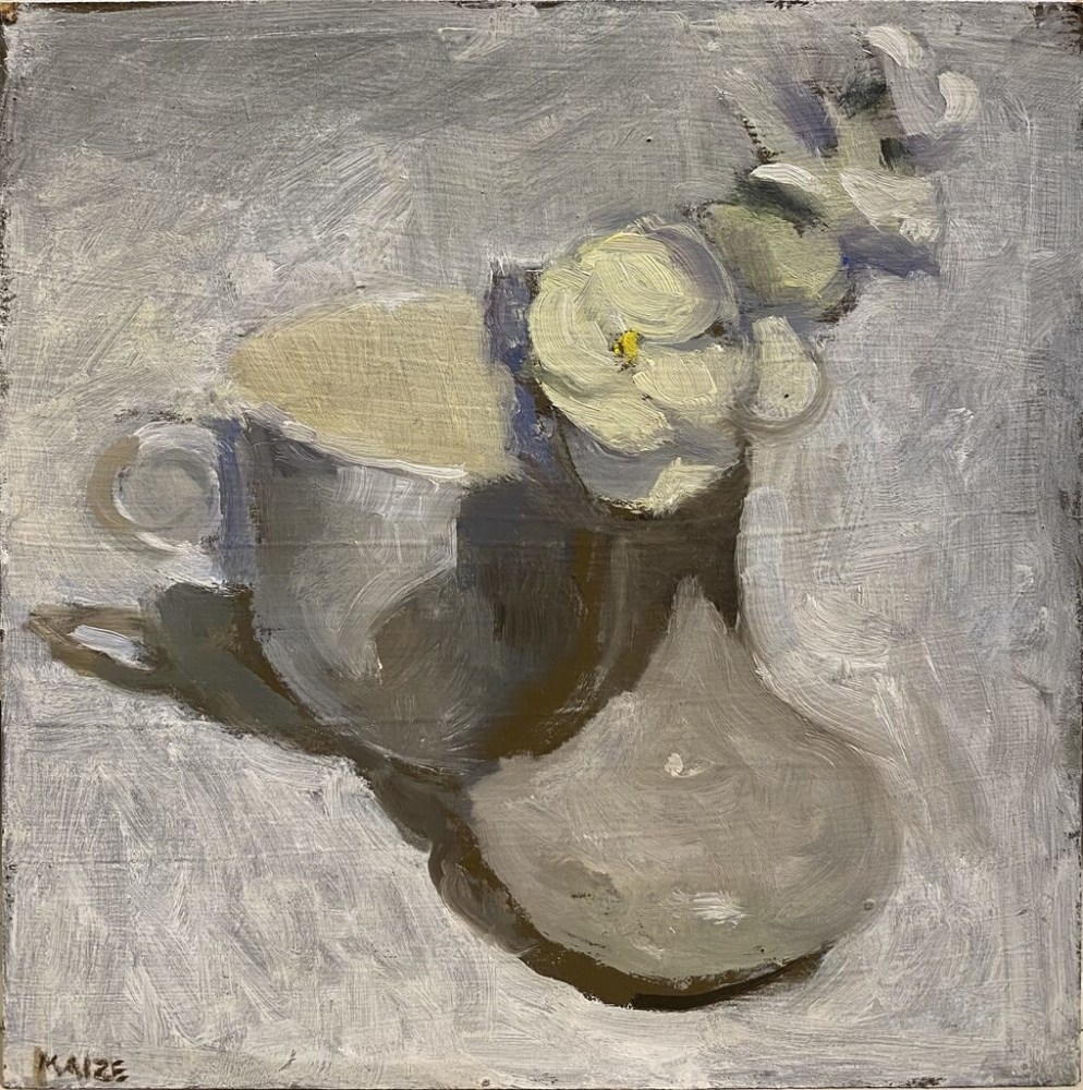Catherine Maize Cups and Pansies, 2022, oil on panel, 6 x 6 in.