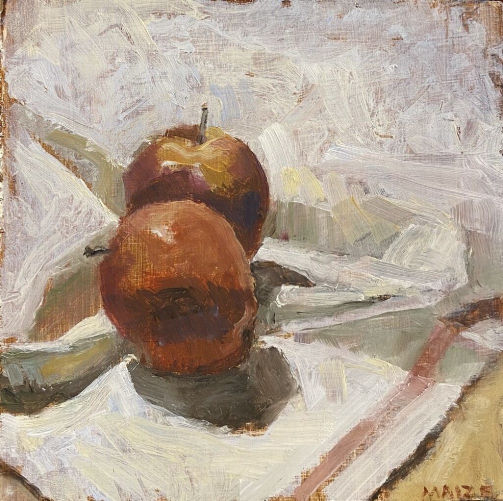 Catherine Maize Apples on Tea Towel, 2022 oil on panel 5 x 5 in.