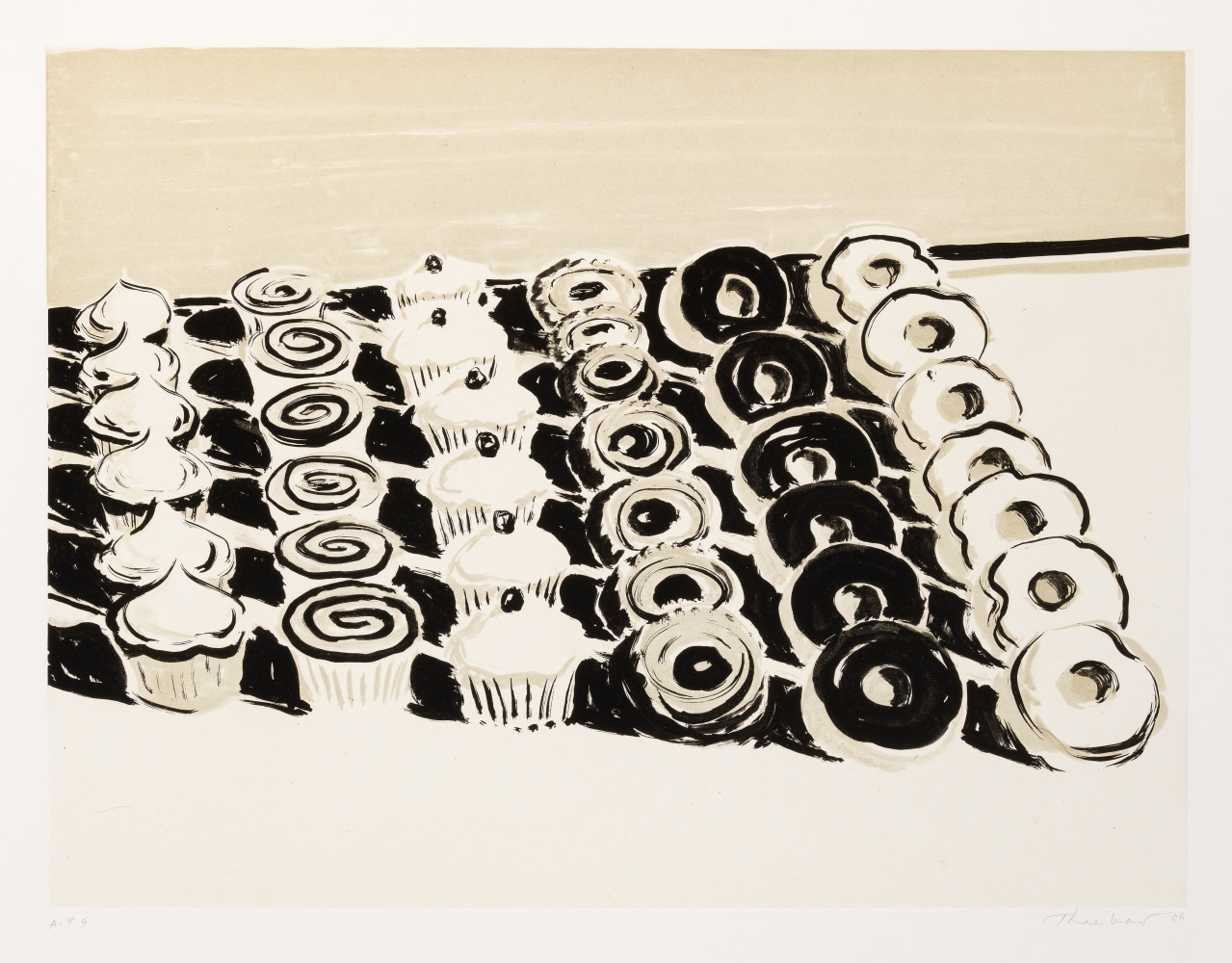 Wayne Thiebaud Dark Cupcakes and Donuts, 2006 direct gravure on gampi paper chine collé, A.P. 4 18 x 24 in. [image]; 26 x 31 in. [sheet]