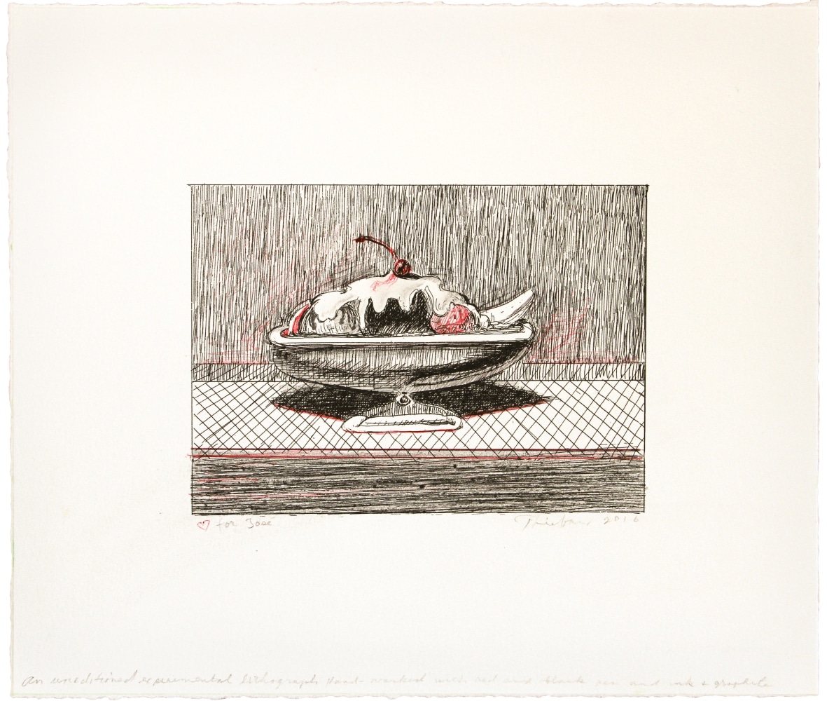 Wayne Thiebaud, Untitled, 2016, hand-worked lithograph with pen, ink, and graphite on paper, 9 3/4 x 11 1/4 in.