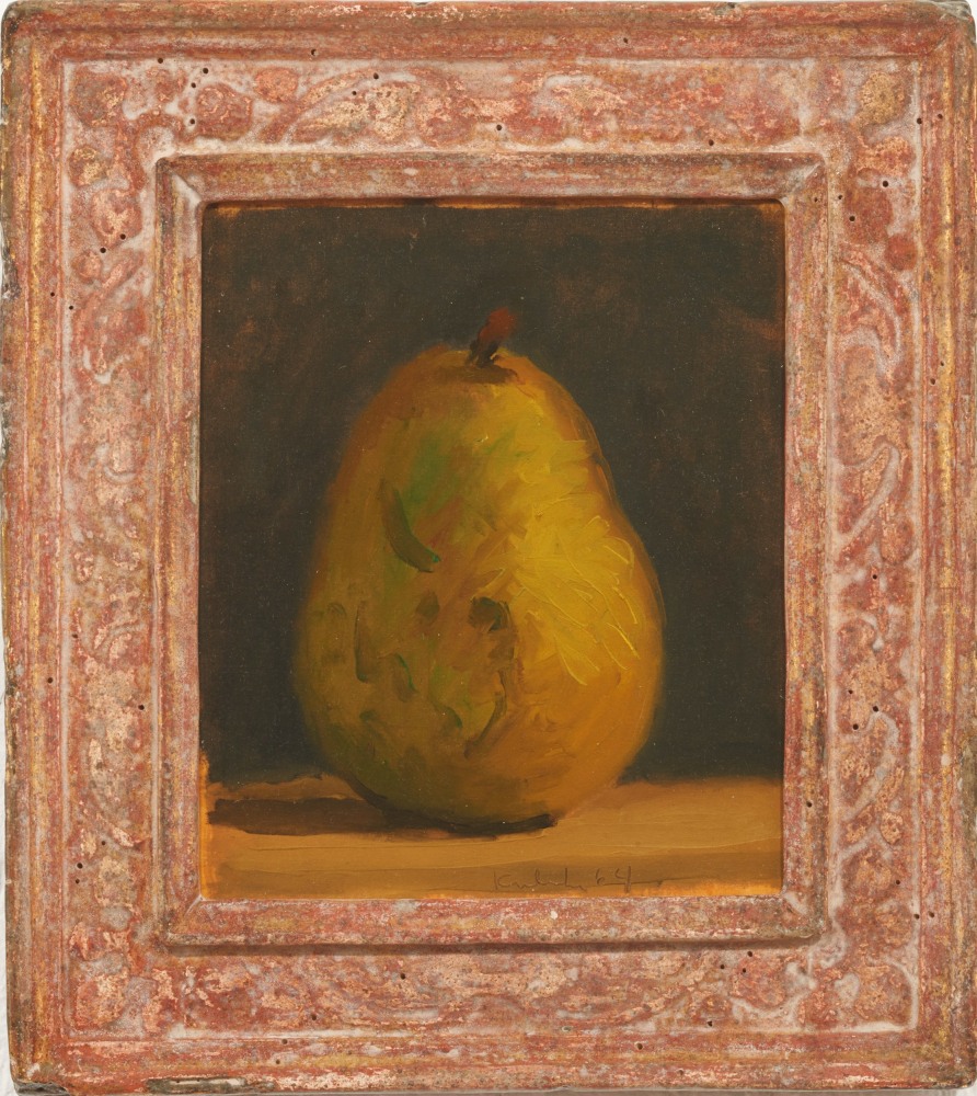 Robert M. Kulicke Pear on a Brown Surface Against a Black Background, 1964 oil on silk mounted on paper 7 3/16 x 6 1/4 in.