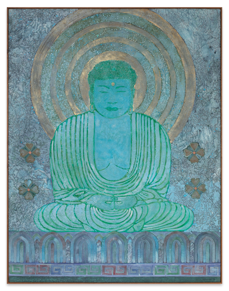 Image of Arthur Okamura's  Kamakura Buddha painting from 1994,  acrylic on canvas  62 x 48 inches