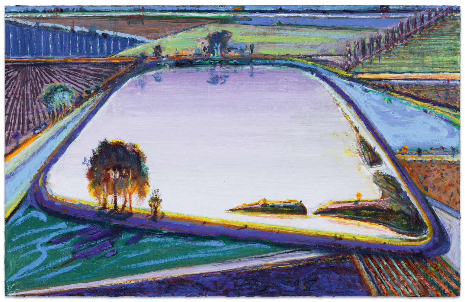 Wayne Thiebaud Irrigation Pond, 1995/2015 acrylic on Masonite 15 1/4 x 23 7/8 in.