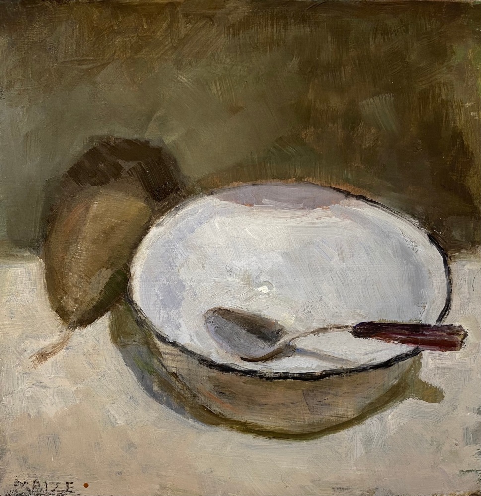Catherine Maize Bowl, Spoon and Pear, 2023 oil on panel 6 x 6 in.