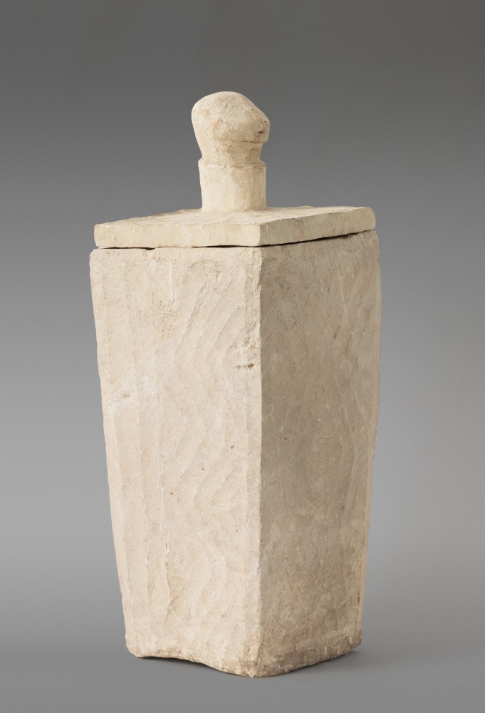 Salangsang Culture, Mindanao, Philippines
Carved Limestone Covered Burial Jar, c. 600 A.D.
carved limestone ossuary (burial jar)
27 1/2 x 9 1/2 x 9 1/2 inches