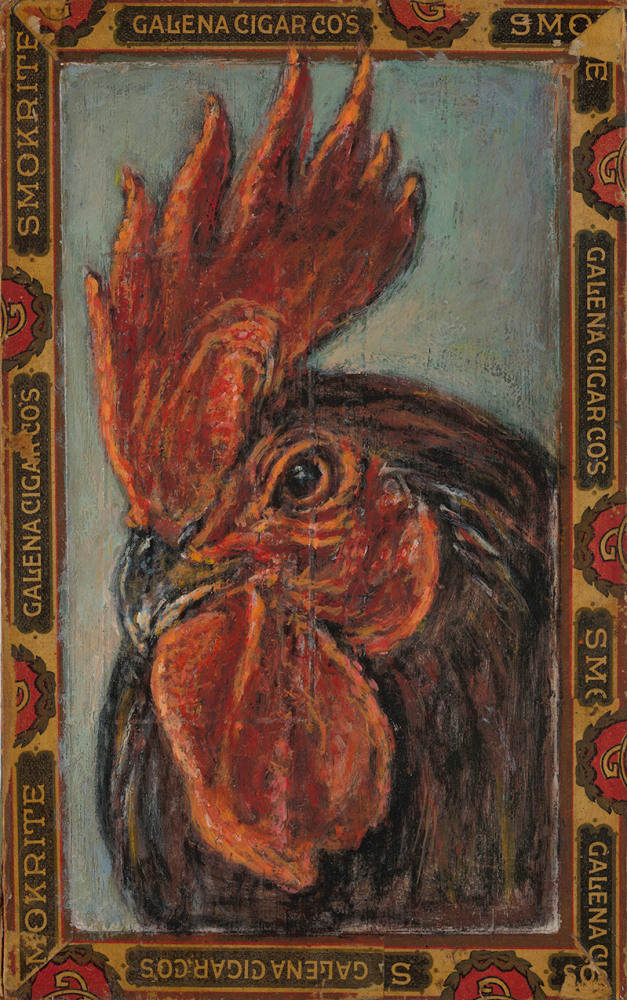 Ed Musante &quot;Rooster / Smokrite,&quot; 2017 mixed media on cigar box 8 x 5 x 2 1/4 in. $2600.00