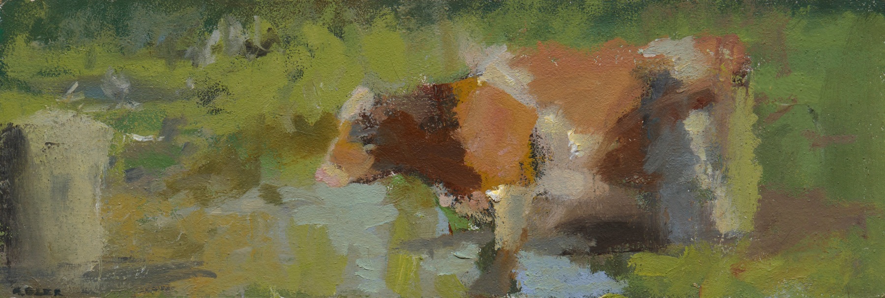 Laura Adler

&amp;quot;Cow Cooling Off in Heatwave,&amp;quot; 2019

oil on panel

3 x 9 in.