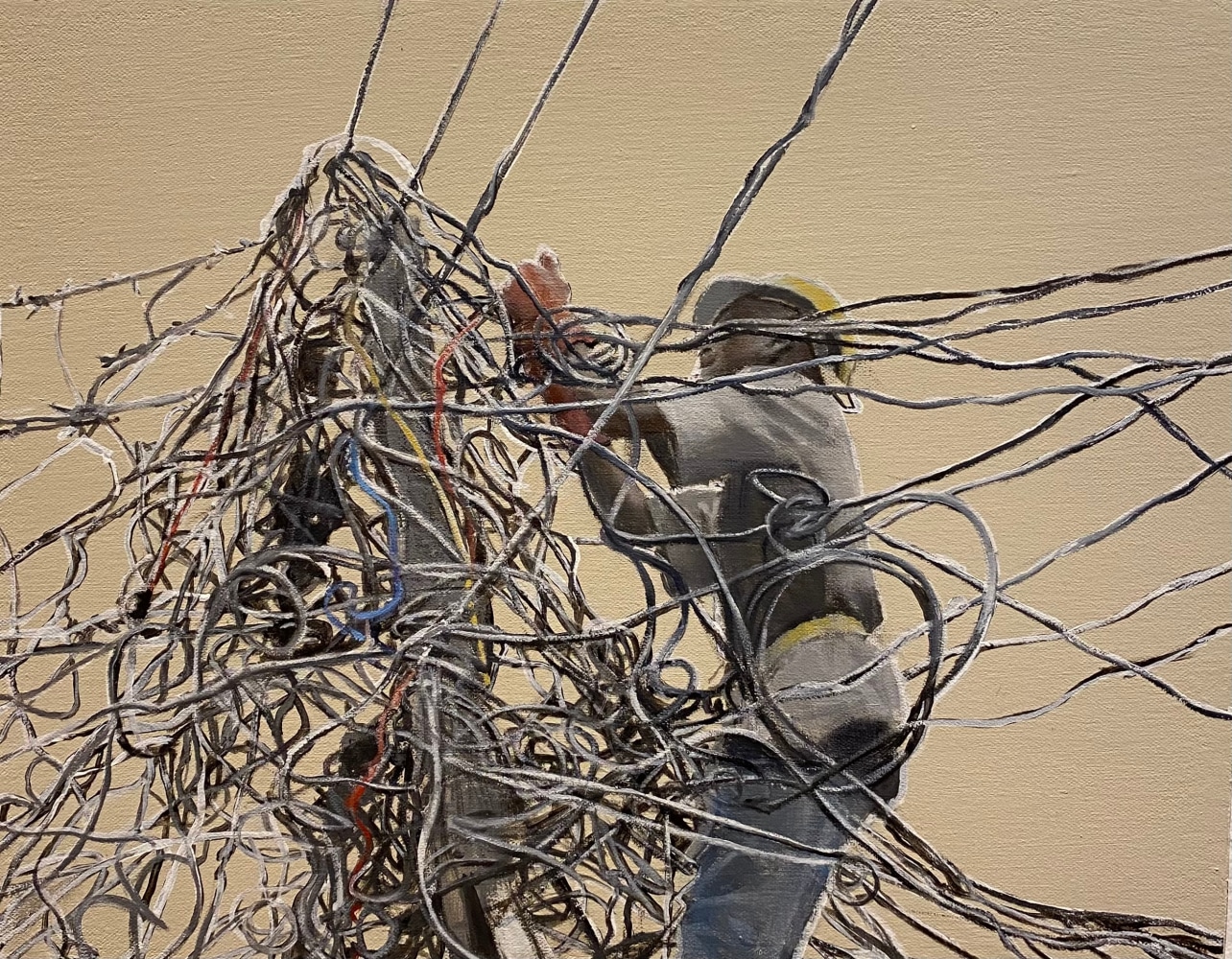 Tom Birkner Man in Electrical Wiring; Painter's Canvas, 2022 oil and acrylic on canvas 12 x 15 in.